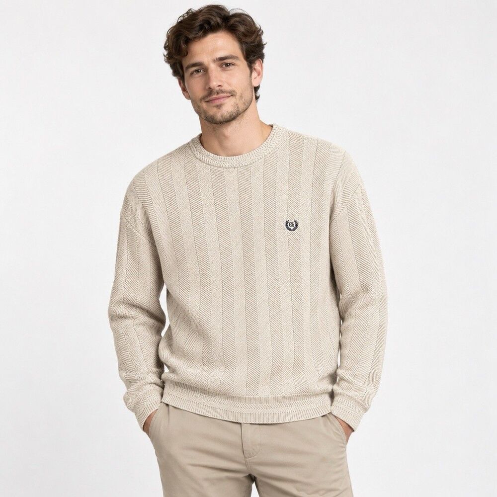 Chaps Ralph Lauren Sweater L Cream Hand Framed Herringbone Cotton Knit Heritage